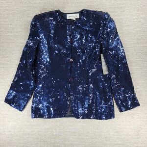 Vintage Jones NY Sequin Jacket Sz 8 Navy Silk Formal Evening Holiday Party NEW